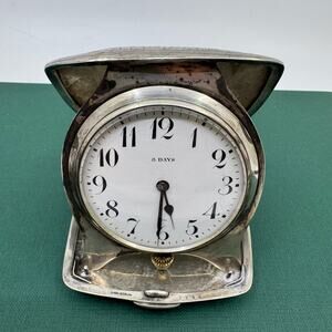 Antique Sterling Silver 8-Day Engraved Mechanical Travel Clock